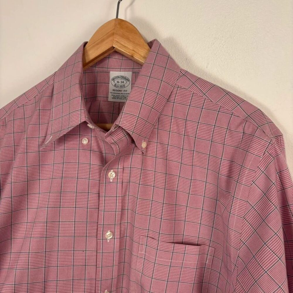 Brooks Brothers Est 1818 Regent Fit 16-34 Dress Shirt Pink Plaid Non-Iron Supima